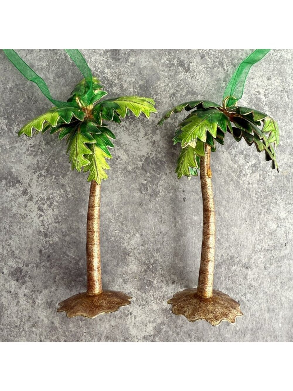 Cloisonné Palm Tree Christmas Ornaments 5” Beach Tropical Coastal Set Of 2